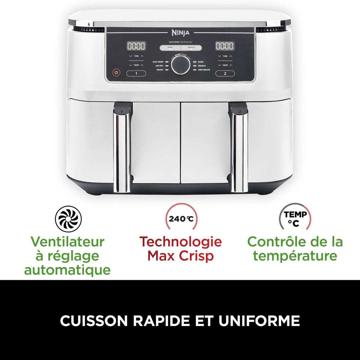 Ninja Foodi MAX Dual Zone Air Fryer, 2 Tiroirs, 9,5L, 6-en-1, Sans Huile, Air Fry, Croustillant Max, Rôtir, Cuire, Déshydrater, 8 Portions, Paniers Antiadhésifs Vont Au Lave-Vaisselle, Blanc AF400EUWH