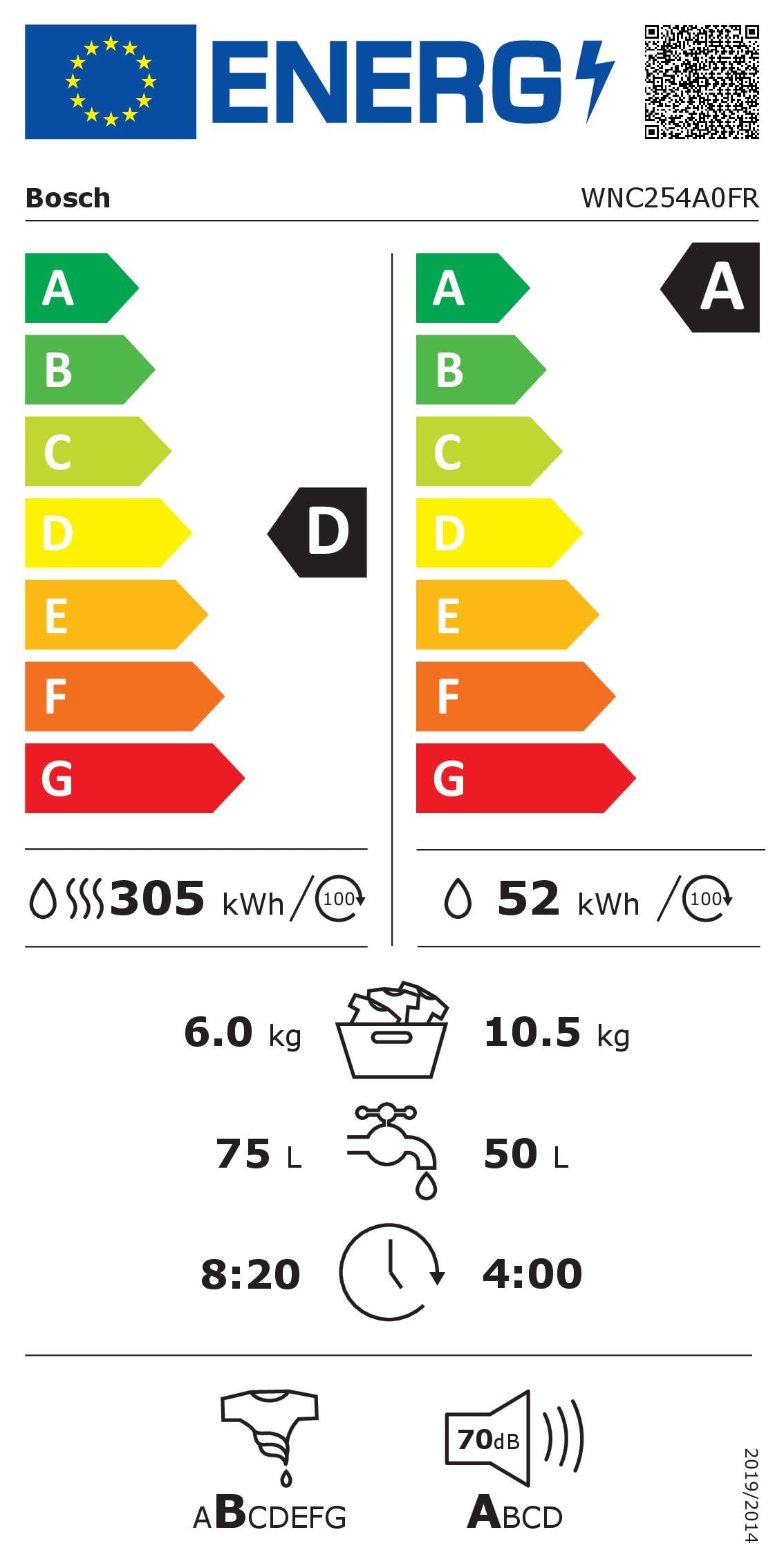Bosch WNC254A0FR, Série 8, Lave-linge séchant, Pose-libre, 10,5 kg, 1400 trs/min, Blanc
