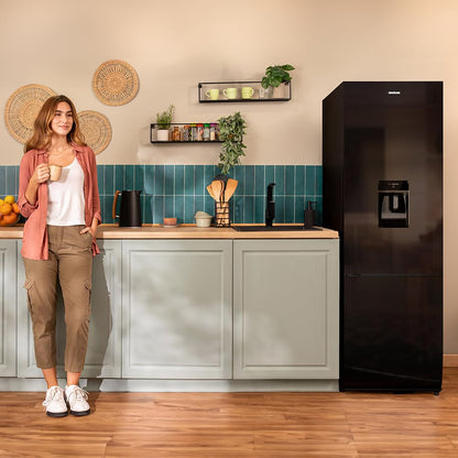 Cecotec Réfrigérateur combiné Bolero CoolMarket Combi 250 WD Black Glass D. Capacité de 250L, classe D, compresseur Inverter, Total No Frost, porte réversible, distributeur d'eau et LED intérieure.