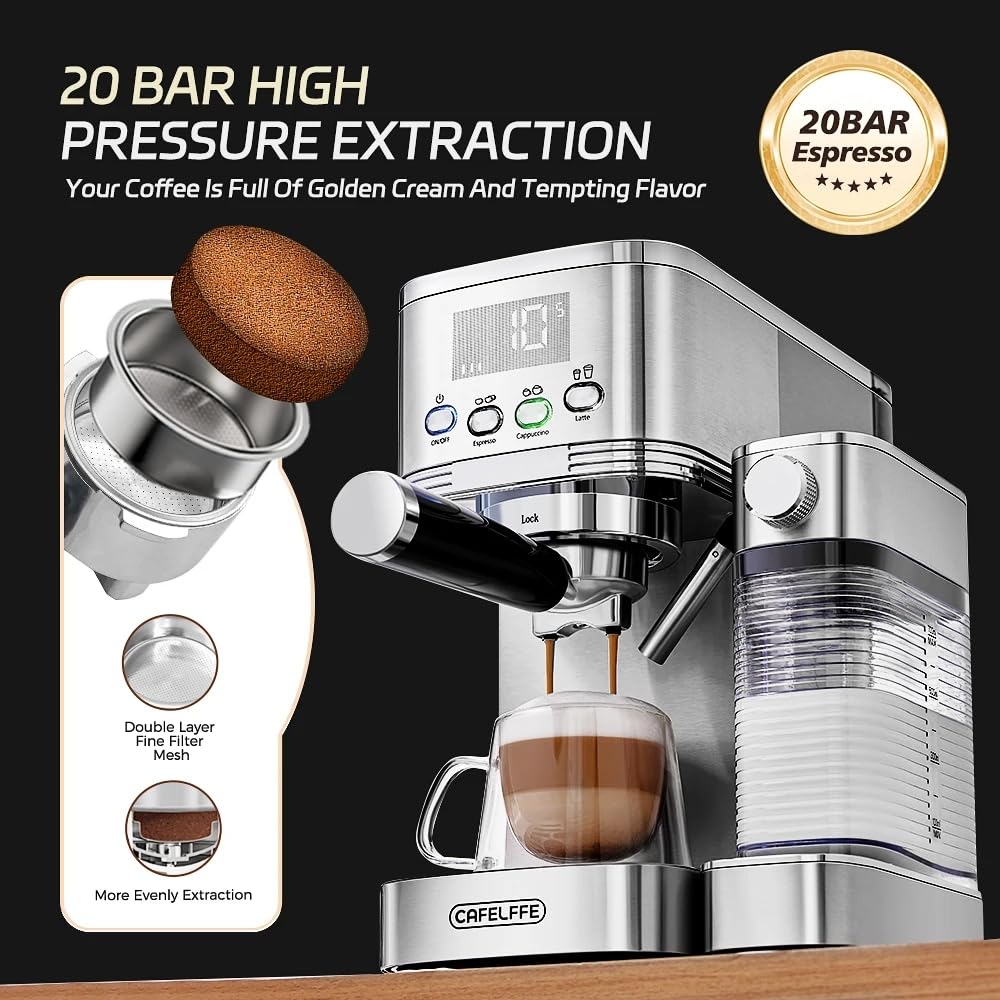 CAFELFFE® Machine à expresso 6 en 1, porte-filtre avec réservoir à lait, machine à cappuccino automatique avec autonettoyage et 3 options de température, 1,3 l en acier inoxydable