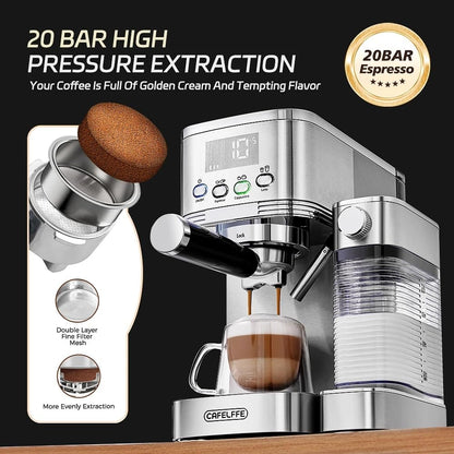 CAFELFFE® Machine à expresso 6 en 1, porte-filtre avec réservoir à lait, machine à cappuccino automatique avec autonettoyage et 3 options de température, 1,3 l en acier inoxydable
