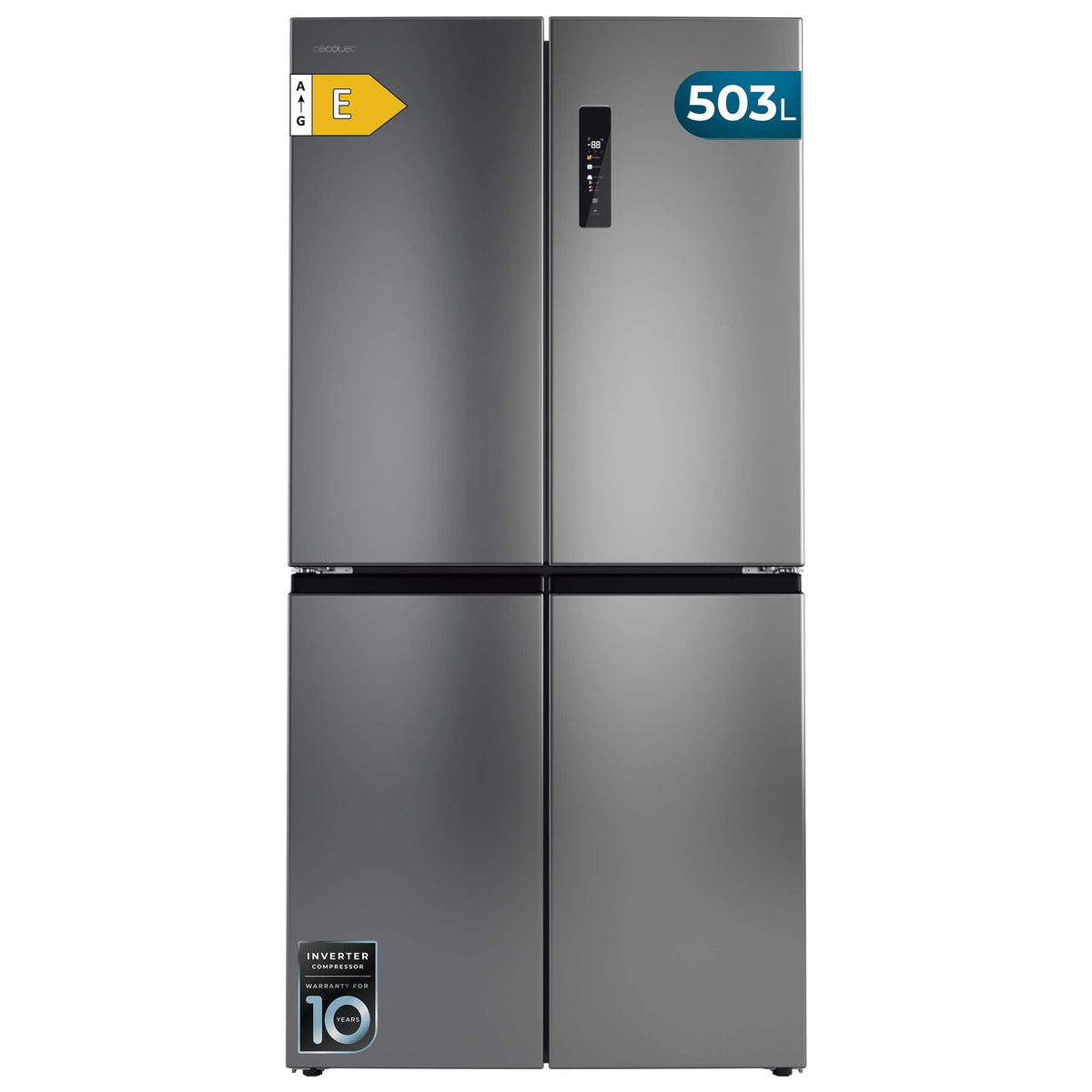 Cecotec Réfrigérateur 4 Portes No Frost Bolero CoolMarket 4D 503 Inox E, 503L, Hauteur 177,5 cm et 85,3 cm Largeur, MetalFlexCooling, Compresseur Inve