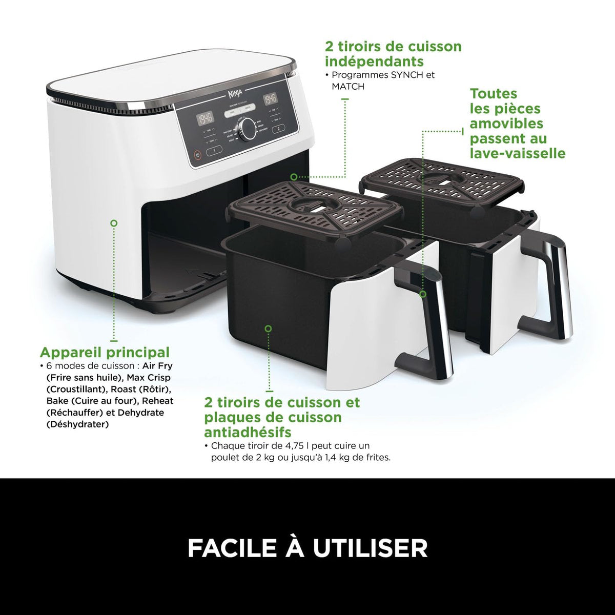 Ninja Foodi MAX Dual Zone Air Fryer, 2 Tiroirs, 9,5L, 6-en-1, Sans Huile, Air Fry, Croustillant Max, Rôtir, Cuire, Déshydrater, 8 Portions, Paniers Antiadhésifs Vont Au Lave-Vaisselle, Blanc AF400EUWH