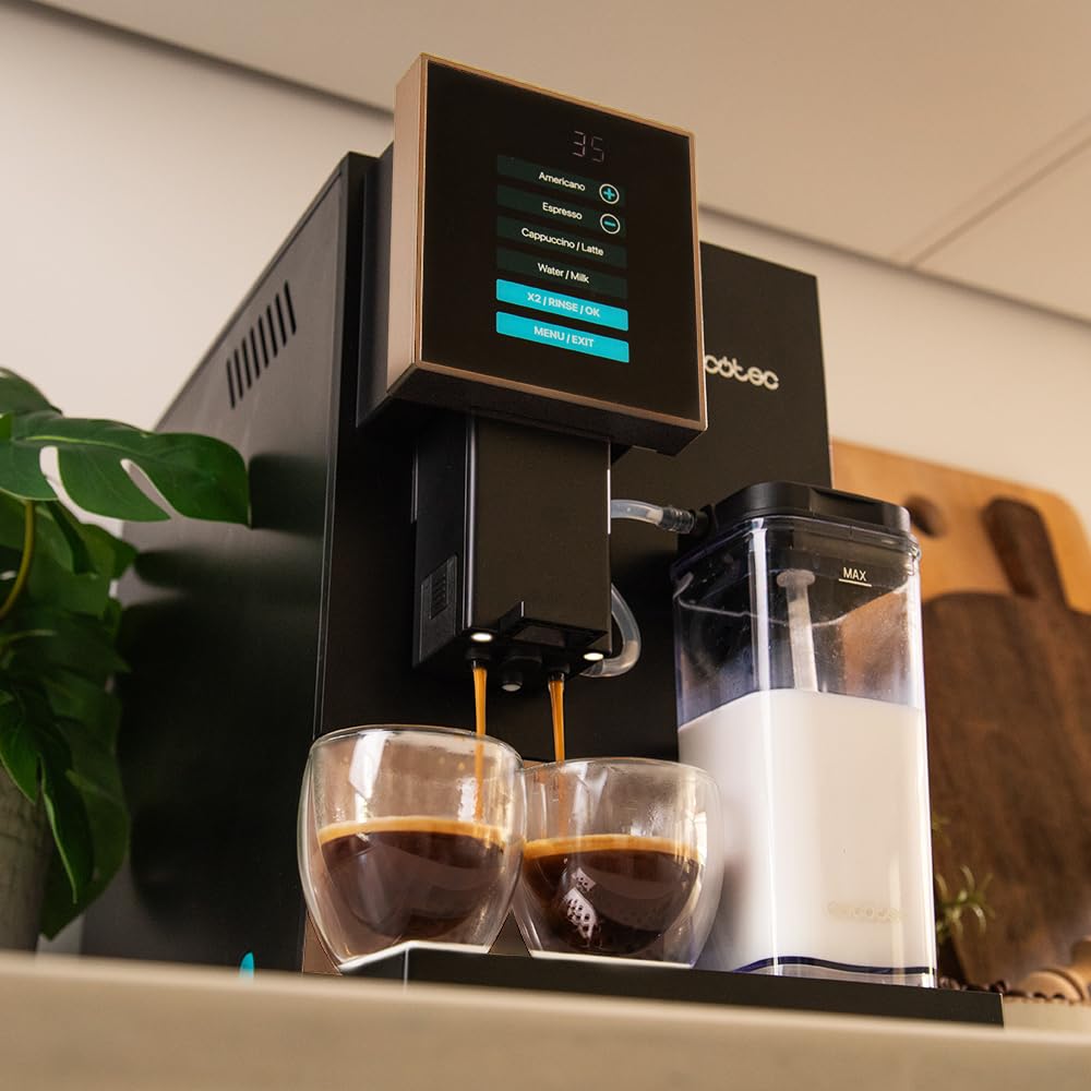 Cecotec Machine a Cafe Grain Cremmaet Compactccino Black Rose.19 barres,Thermoblock, Grains de café fraîchement moulus avec Plug&Play,Réservoir de café de 150gr avec moulin, 1,1 L d'eau,400ml de lait