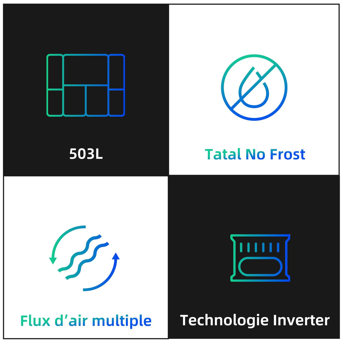 CHIQ CCD503NEIBE Réfrigérateur Américain, Multi-Portes 503 L, Inverter Compressor, No Frost, Multiple Airflow Care, Panneau tactile, Hauteur 177,5 cm, Longueur 85,3 cm, Profondeur 69,8 cm