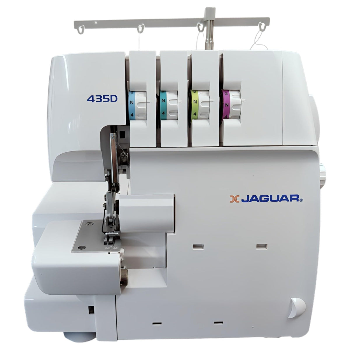 Jaguar 435D Surjeteuse Overlock, 3/4 fils, enfilage codé par couleur, transport différentiel, coupe-fil automatique, bras libre, blanc.