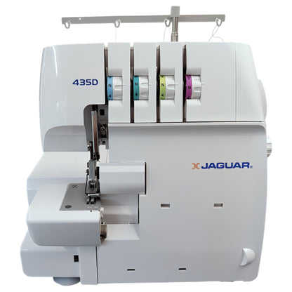 Jaguar 435D Surjeteuse Overlock, 3/4 fils, enfilage codé par couleur, transport différentiel, coupe-fil automatique, bras libre, blanc.