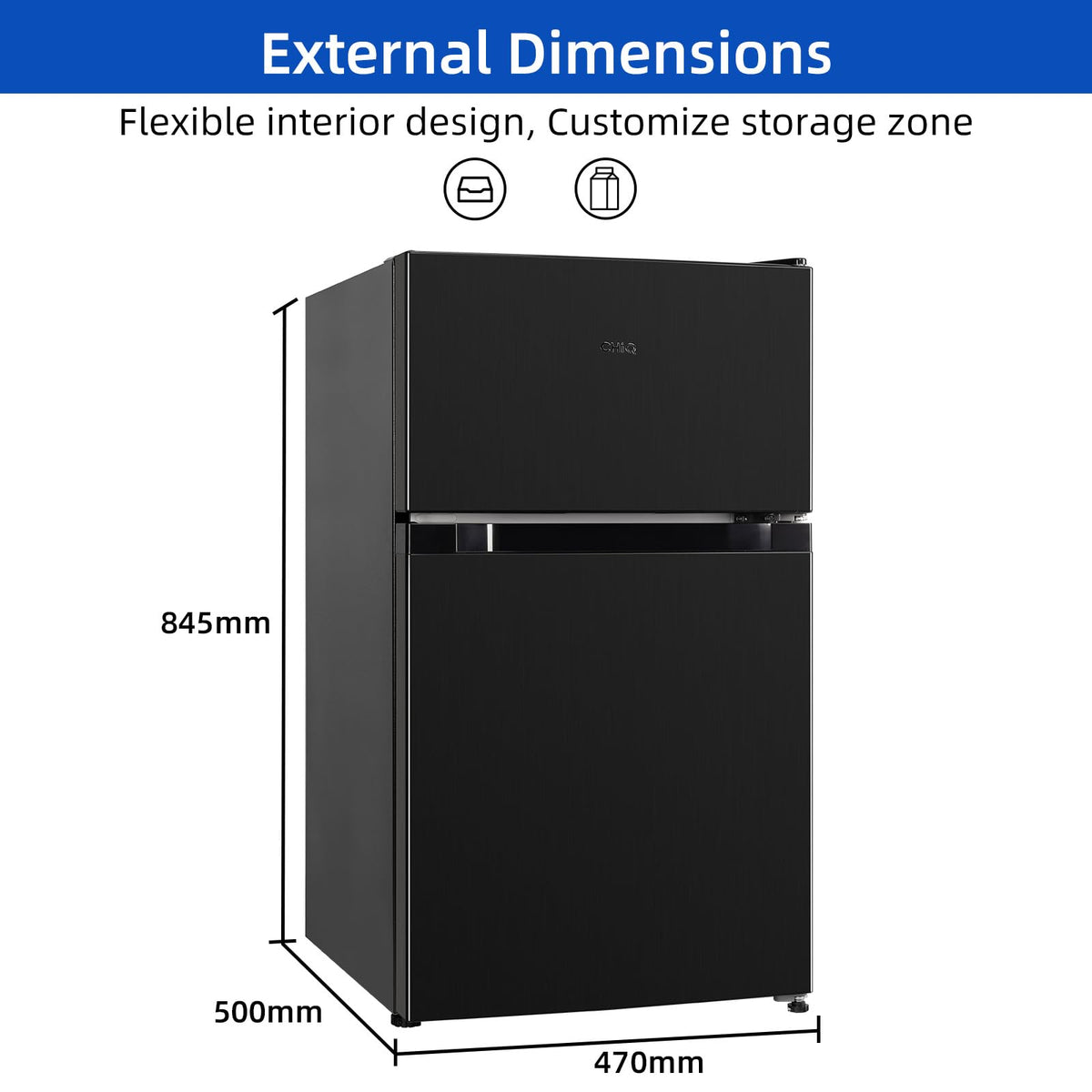 CHIQ Réfrigérateur congélateur en haut Réfrigérateur congélateur - 86 L (61/25L) - Portes réversibles, Congélateur 4 étoiles, Machine à glaçons, Garantie compresseur 12 ans, Classe E