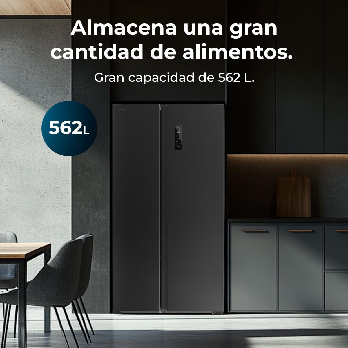 Cecotec Réfrigérateur Américain Bolero CoolMarket SBS 562 Dark D. 562 L, Classe D, Total No Frost, mode vacances, compresseur inverter, LED intérieure y porte réversible.