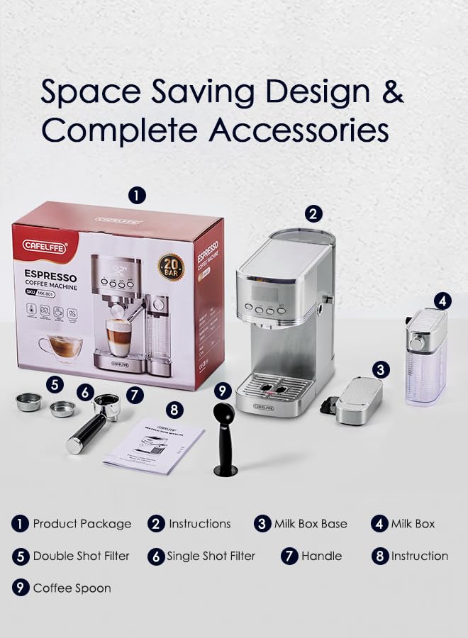 CAFELFFE® Machine à expresso 6 en 1, porte-filtre avec réservoir à lait, machine à cappuccino automatique avec autonettoyage et 3 options de température, 1,3 l en acier inoxydable
