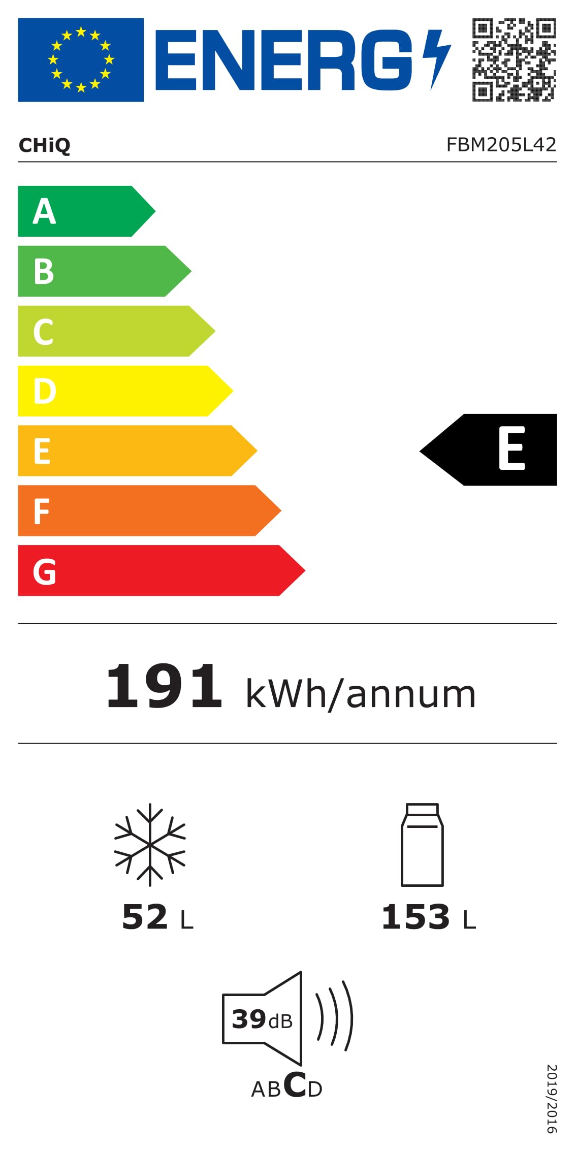CHIQ Réfrigérateur congélateur FBM205L42-205L (153 + 52),Classe énergétique E, 39 dB, Acier noir, Low frost, Portes réversibles