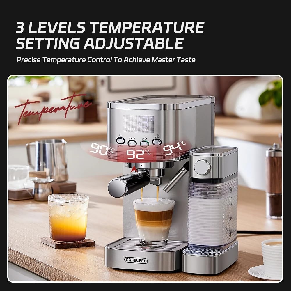 CAFELFFE® Machine à expresso 6 en 1, porte-filtre avec réservoir à lait, machine à cappuccino automatique avec autonettoyage et 3 options de température, 1,3 l en acier inoxydable