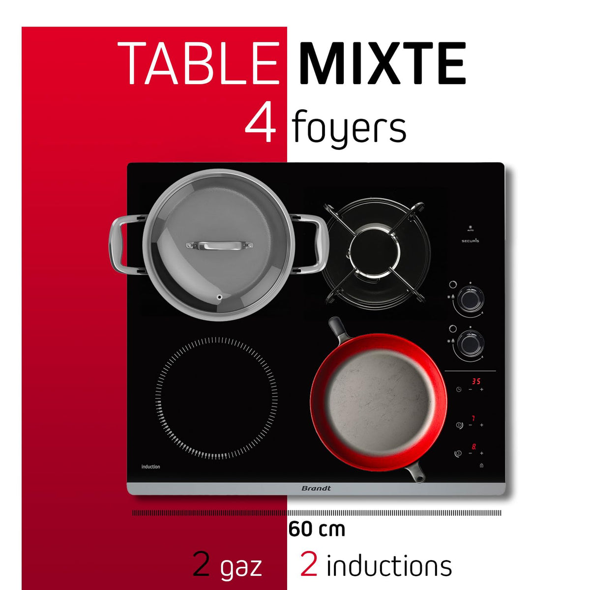 Brandt - BPI6413BM - Plaque Induction et Gaz - Table de Cuisson - Noir - 4 Foyers - 3400W Electrique et 4600 Gaz - Dimensions Encastrement : 56x49cm -
