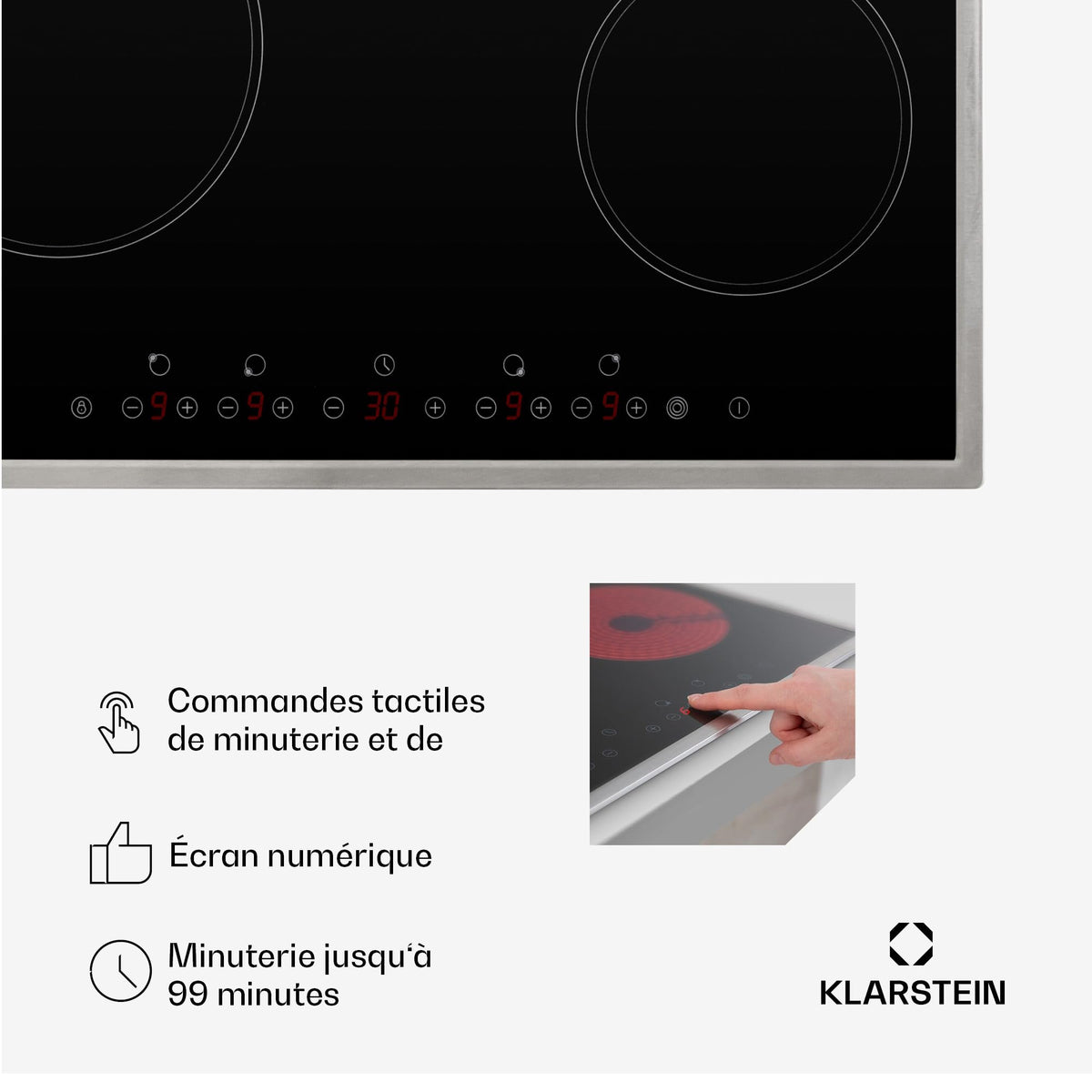 Klarstein Plaque Vitrocéramique Encastrable 6500W, Table de Cuisson Induction 4 Feux, Contrôle Tactile, Table de Cuisson Électrique 4 Foyers