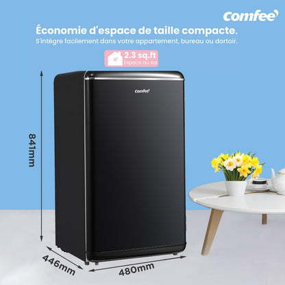 Comfee' RCD93BL2EURT(E) Réfrigérateur Sous-Plan, 93L, Réfrigérateur Rétro Pose Libre avec Compartiment Réfrigérant, Thermostats Réglables, Lumière LED, Noir