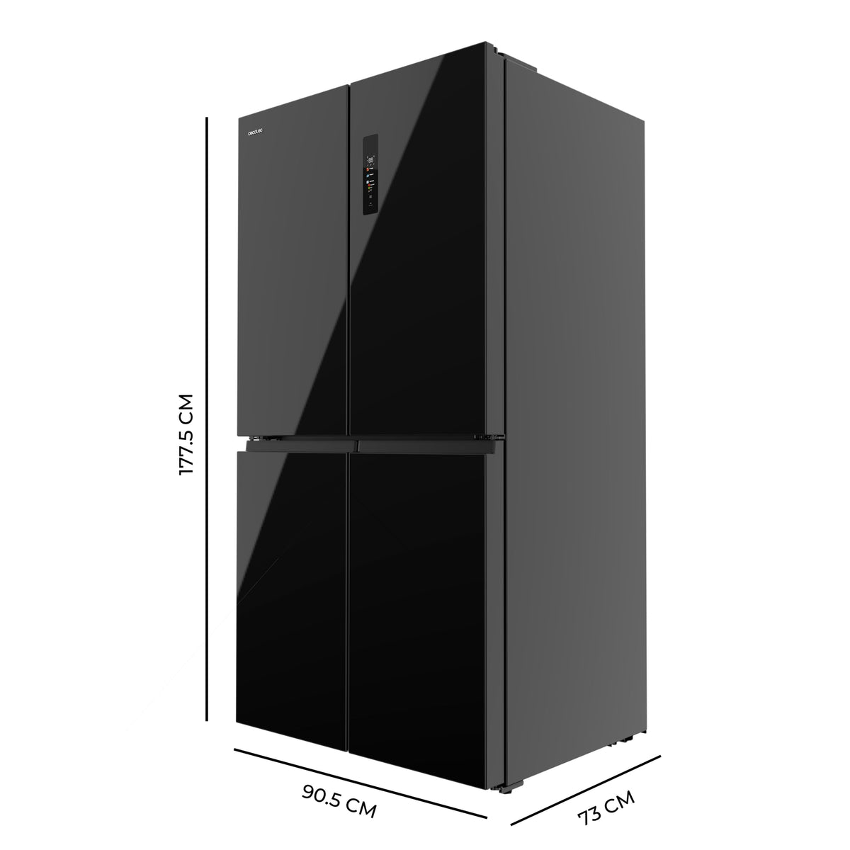 Cecotec Réfrigérateur Américain 4 Portes Bolero CoolMarket 4D 601 Black Glass E. 601L, Moteur Inverter, 90cm, No Frost, ECO, Refroidissement Rapide, Display, Alarme Température, Verre Noir