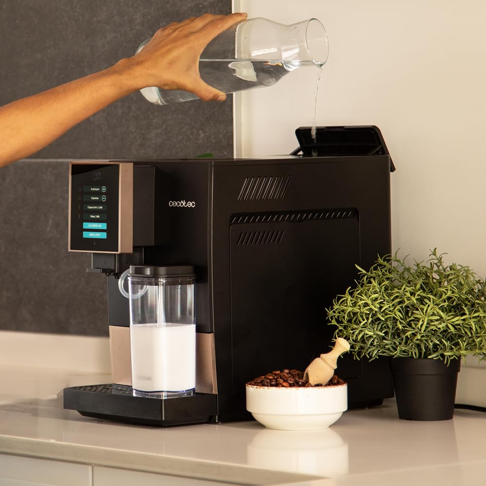 Cecotec Machine a Cafe Grain Cremmaet Compactccino Black Rose.19 barres,Thermoblock, Grains de café fraîchement moulus avec Plug&Play,Réservoir de café de 150gr avec moulin, 1,1 L d'eau,400ml de lait