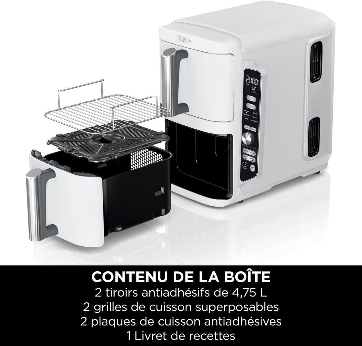 NINJA Double Stack XL Air Fryer, Friteuse sans huile Verticale Double Tiroir 4 Niveaux de Cuisson, 2 Tiroirs, 2 Grilles, Capacité de 9,5 L, 6 Fonctions, 8 Portions, Pinces, Blanc SL400EUWH