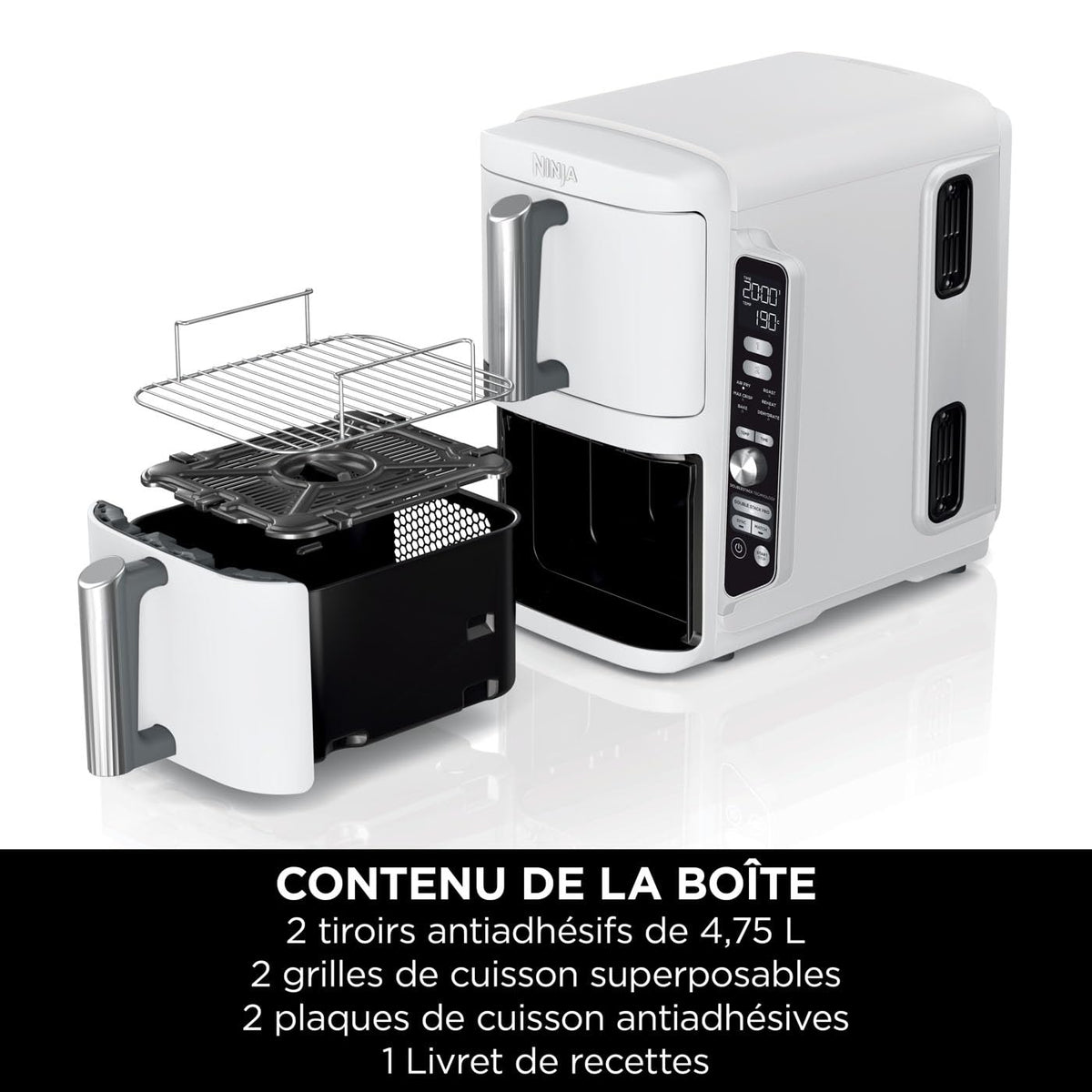 NINJA Double Stack XL Air Fryer, Friteuse sans huile Verticale Double Tiroir 4 Niveaux de Cuisson, 2 Tiroirs, 2 Grilles, Capacité de 9,5 L, 6 Fonctions, 8 Portions, Pinces, Blanc SL400EUWH