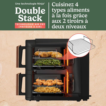 NINJA Double Stack XL Air Fryer 2 Compartiments Verticale, Compact, 4 Niveaux de Cuisson, Capacité de 9,5L, Air Fryer 6-en 1, Pièces Antiadhésives Amovibles Lavables Au Lave-Vaisselle, Noir/Cuivre