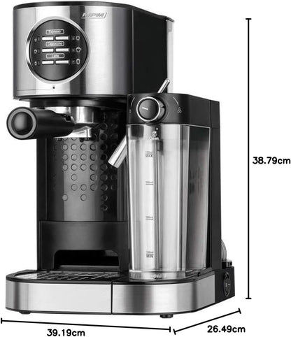 MPM MKW-07M Cafetière expresso 15 bars pour café expresso et cappuccino, réservoir chauffant lait 0,7 litres, chauffe tasses, finition acier inoxydabl
