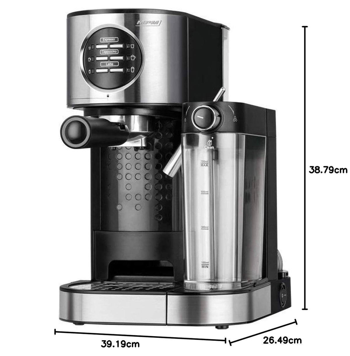 MPM MKW-07M Cafetière expresso 15 bars pour café expresso et cappuccino, réservoir chauffant lait 0,7 litres, chauffe tasses, finition acier inoxydabl