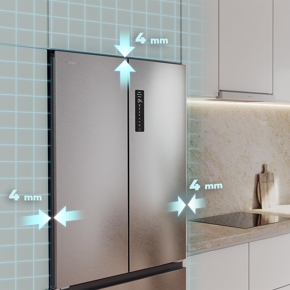 Cecotec Réfrigérateur Porte Française de 4 Portes Semi-Intégrable 458L Total No Frost Bolero CoolMarket F2D 458 SBI Inox E, Hauteur 189 cm et 83 cm Largeur, MetalFlexCooling, Compresseur Inverter