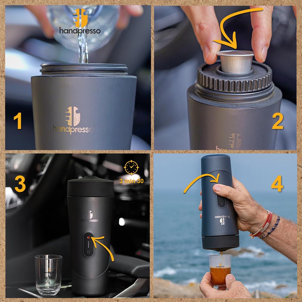 Handpresso Auto | Machine à café expresso portable 19 bars pour voiture et voyage | compatible capsule expresso/capsule réutilisable | Cafetière de voyage compacte, sans fil et rechargeable USB-C