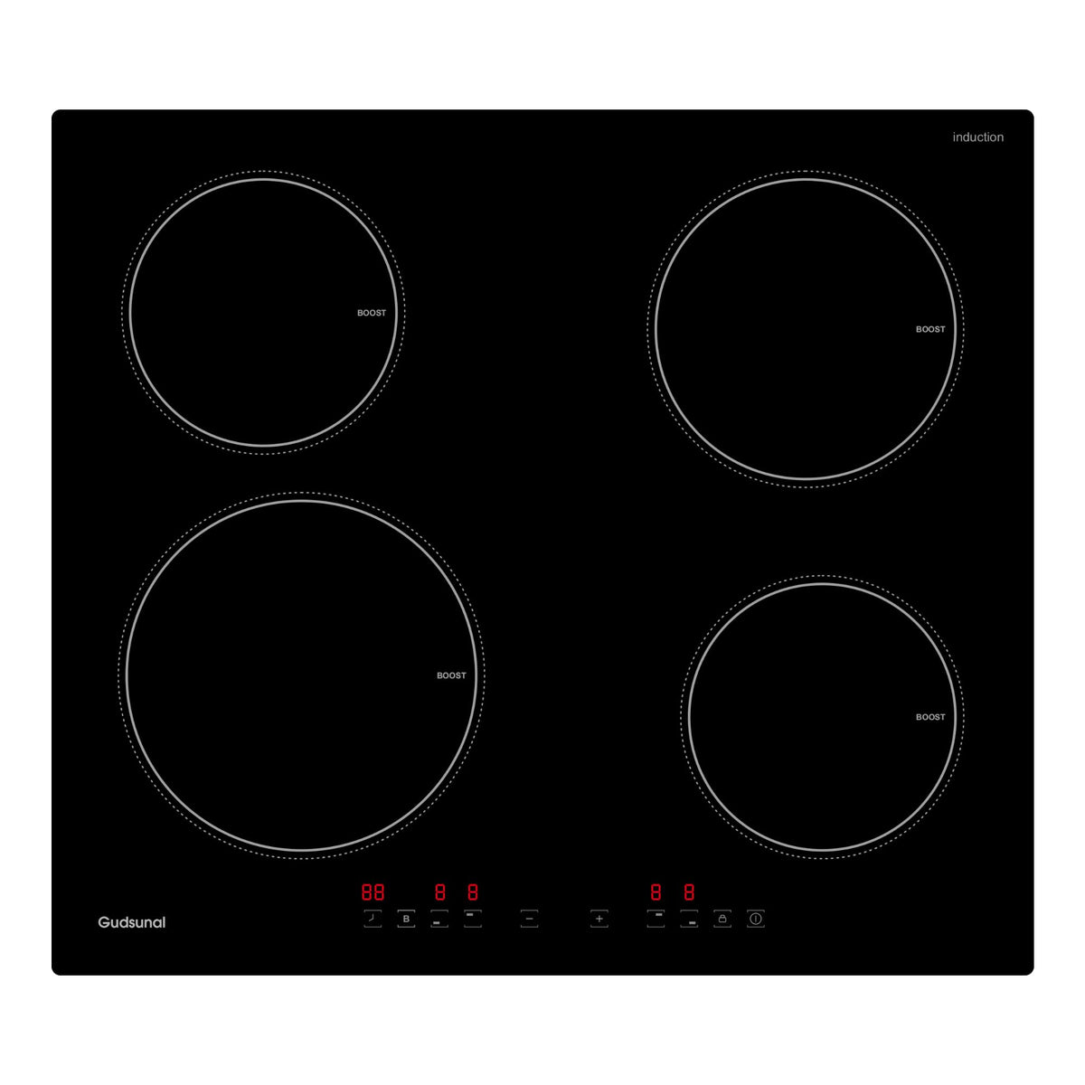 Gudsunal Plaque induction 4 feux, Table de Cuisson Encastrable,7200W, 9 niveaux de chauffage,Boost, Minuterie, Arrêt automatique, Verrouillage de sécu