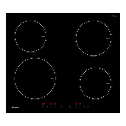 Gudsunal Plaque induction 4 feux, Table de Cuisson Encastrable,7200W, 9 niveaux de chauffage,Boost, Minuterie, Arrêt automatique, Verrouillage de sécu