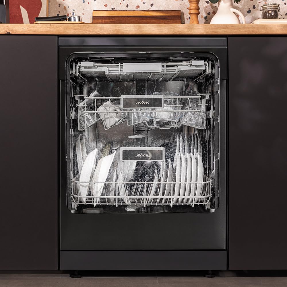 Cecotec Lave-Vaisselle Indépendant de 60 cm Bolero Aguazero 6200 Dark D, 1850W, 14 Couverts, 6 Programmes, Dual Zone Wash, Turbo Dry+, Demi-Charge, Dé