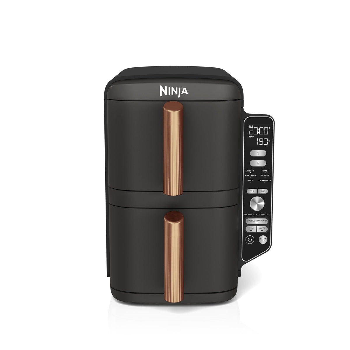 NINJA Double Stack XL Air Fryer 2 Compartiments Verticale, Compact, 4 Niveaux de Cuisson, Capacité de 9,5L, Air Fryer 6-en 1, Pièces Antiadhésives Amovibles Lavables Au Lave-Vaisselle, Noir/Cuivre