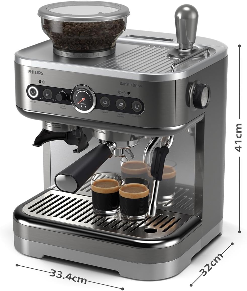 Philips Macchina per espresso semi-automatica Barista Brew - Guida Intuitiva, Pressino Calibrato, Design Elegante, Contenitore per Chicchi 250 g, metallo Argento (PSA3218/01)