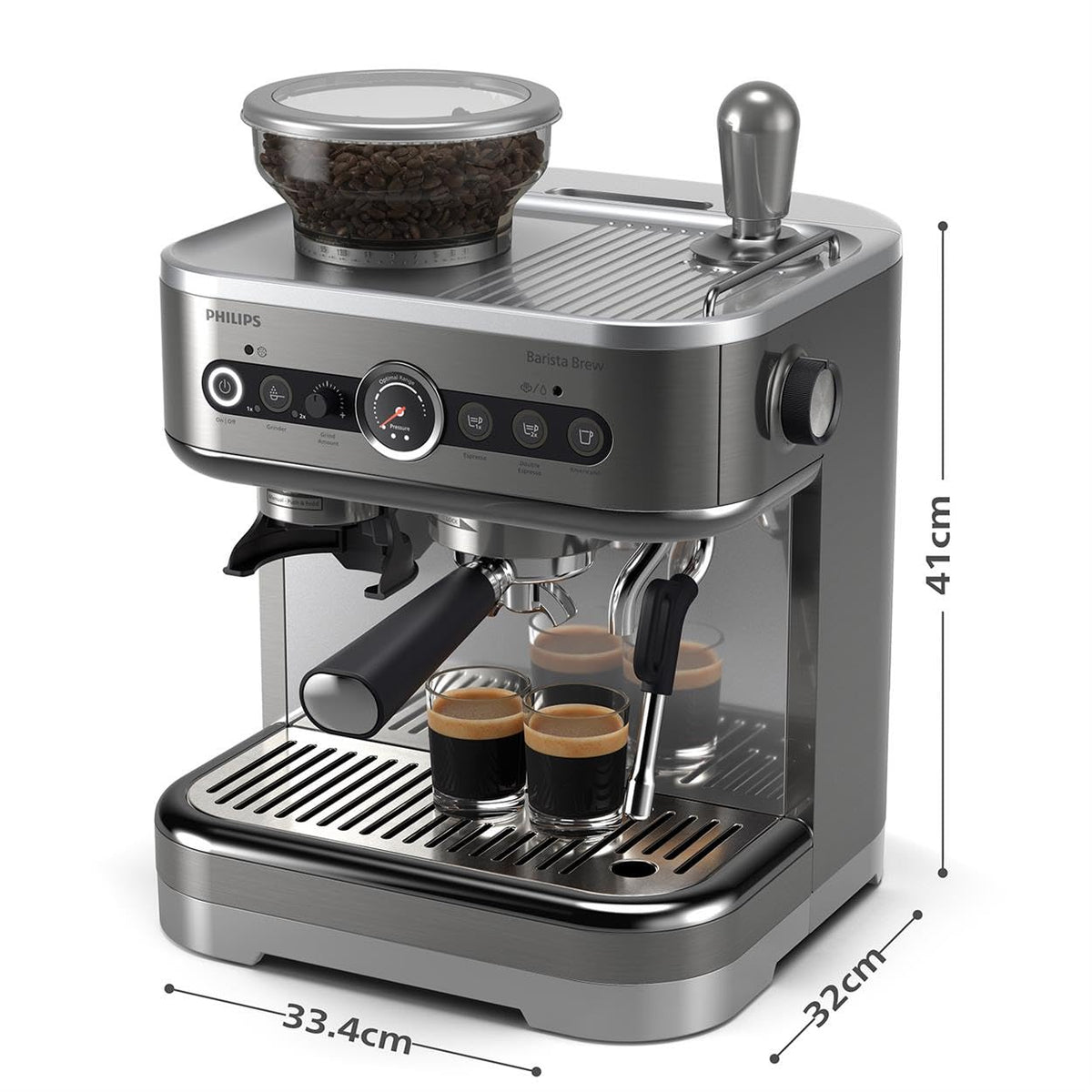 Philips Macchina per espresso semi-automatica Barista Brew - Guida Intuitiva, Pressino Calibrato, Design Elegante, Contenitore per Chicchi 250 g, metallo Argento (PSA3218/01)