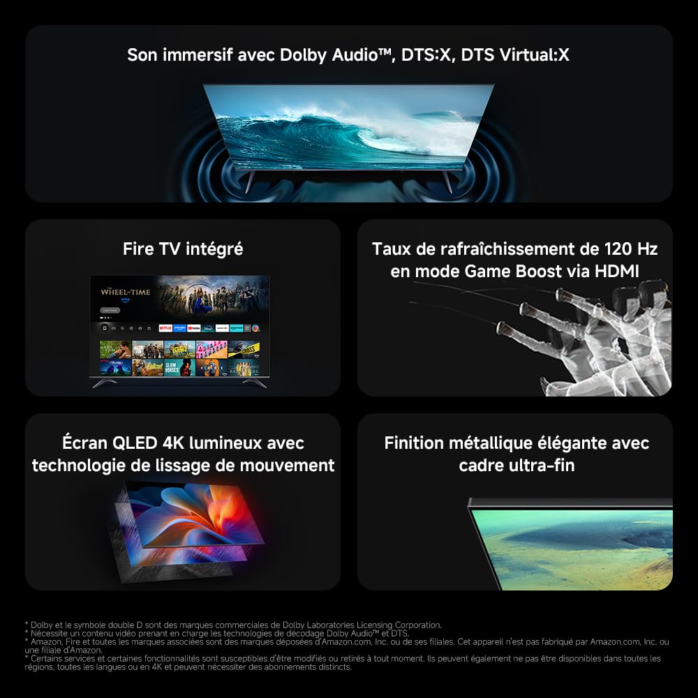 XIAOMI TV F Pro 55, 140 cm (55 Pouces), 4K UHD QLED, Smart TV, Fire TV, Contrôle Vocal Alexa, HDR10+, Mode Game Boost 120Hz, MEMC, 2Go+32Go, Compatible avec AirPlay