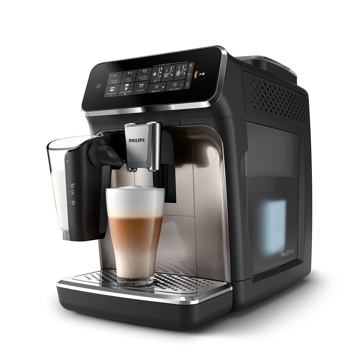 PHILIPS Machine à Expresso Entièrement Automatique Séries 3300-6 Boissons,Écran tactile couleur moderne,Système à lait LatteGo,SilentBrew,Broyeur 100%Céramique,Filtre AquaClean.Noir Chrome (EP3347/90)