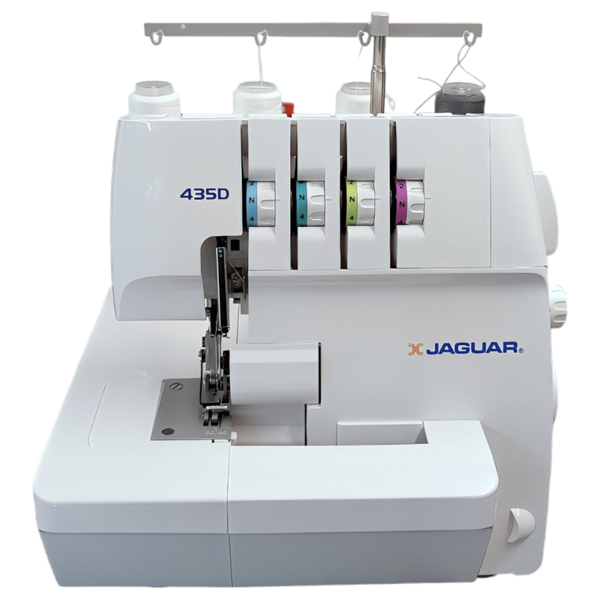 Jaguar 435D Surjeteuse Overlock, 3/4 fils, enfilage codé par couleur, transport différentiel, coupe-fil automatique, bras libre, blanc.