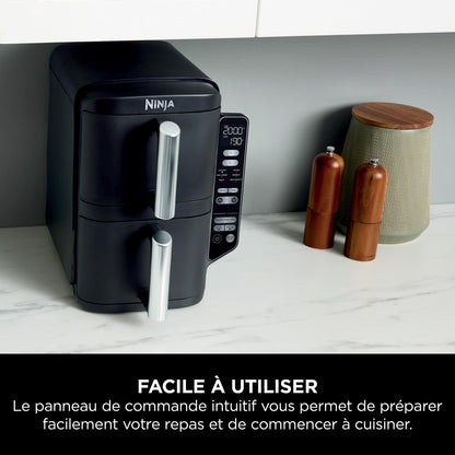 Ninja Double Stack Air-Fryer, Friteuse verticale sans huile à 2 tiroirs, 4 niveaux cuisson, 2 tiroirs et 2 grilles, design compact, capacité de 7,6L, 6 fonctions de Cuisson, 6 portions, gris SL300EU