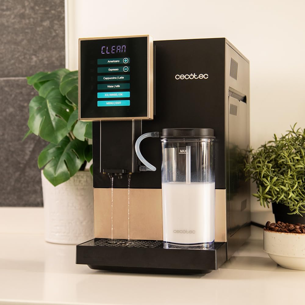 Cecotec Machine a Cafe Grain Cremmaet Compactccino Black Rose.19 barres,Thermoblock, Grains de café fraîchement moulus avec Plug&Play,Réservoir de café de 150gr avec moulin, 1,1 L d'eau,400ml de lait