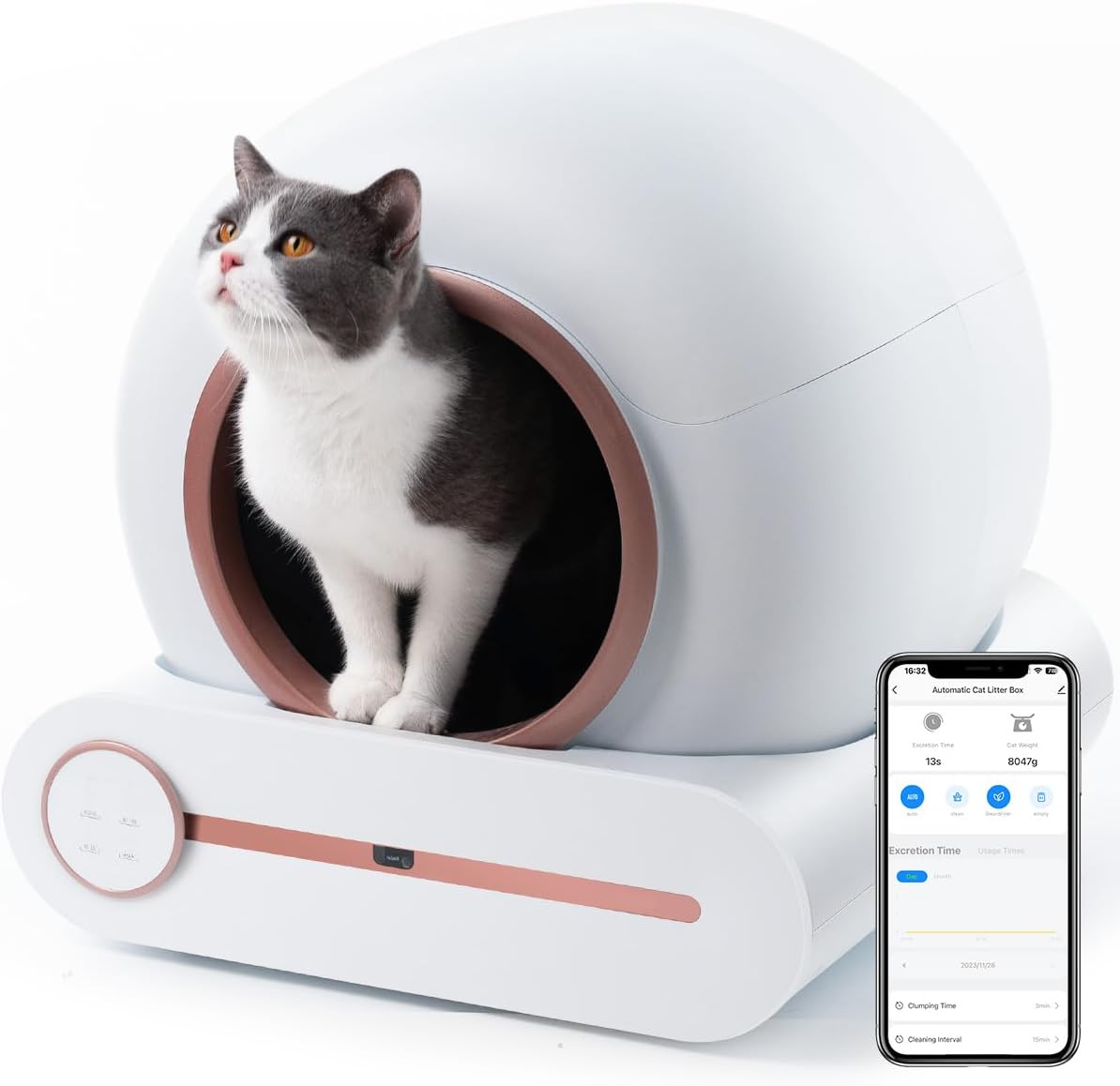 Megonia Litière Autonettoyante Chat Automatique: 2.4GHz WiFi Con App Contrôle à Distance 65L Grande Capacité Anti-Pincement/Fuites/Odeur pour Famille