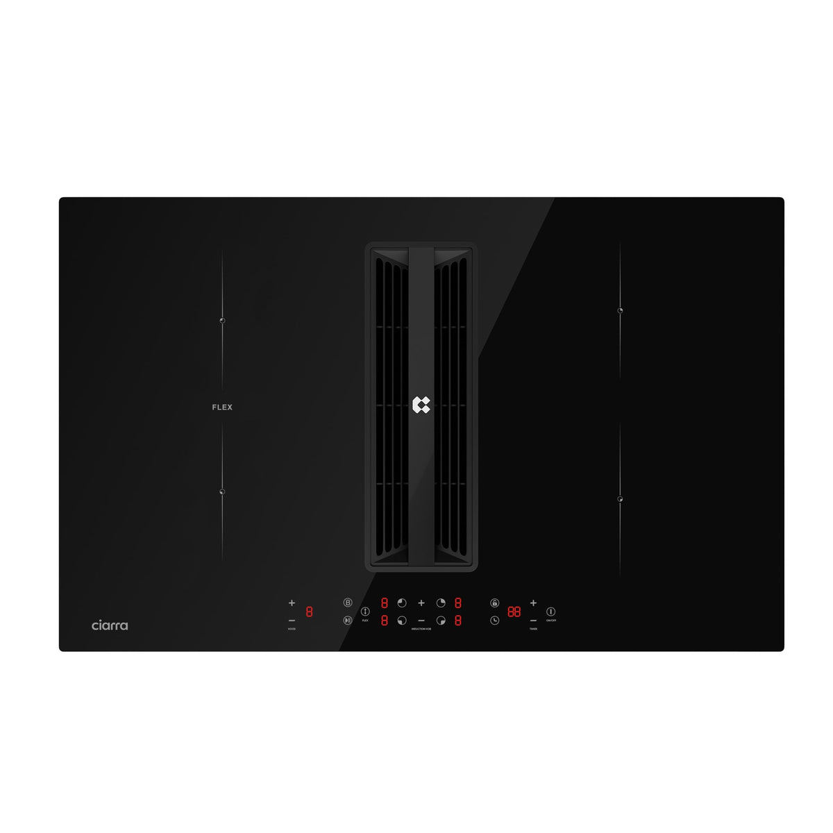 CIARRA One Plaque à Induction et Hotte Intégrée-4 Foyers-83cm-7000W-9 Niveaux de Puissante-500m³/h-Flex zone-Boost-4 Vitesses-Filtration Multiple-Tactile-Verrouillage Enfant