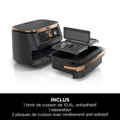 NINJA Foodi FlexDrawer Air Fryer, Dual Zone Avec Séparateur Amovible, Grand Tiroir de 10.4 L, 7-en-1, Double Zone, Pièces Antiadhésives Compatibles Au Lave-Vaisselle, Noir & Cuivre, AF500EUCP