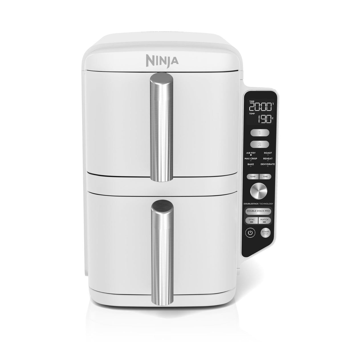 NINJA Double Stack XL Air Fryer, Friteuse sans huile Verticale Double Tiroir 4 Niveaux de Cuisson, 2 Tiroirs, 2 Grilles, Capacité de 9,5 L, 6 Fonctions, 8 Portions, Pinces, Blanc SL400EUWH
