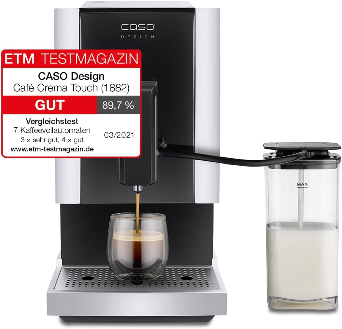 CASO Café Crema Touch Machine à café automatique design avec tuyau et réservoir à lait, broyeur conique réglable en continu, prêt à l'emploi, toutes les spécialités de café par toucher, noir, acier
