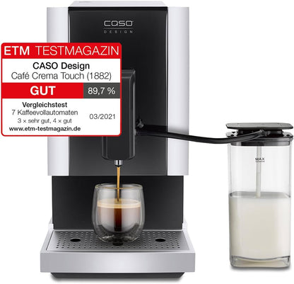 CASO Café Crema Touch Machine à café automatique design avec tuyau et réservoir à lait, broyeur conique réglable en continu, prêt à l'emploi, toutes les spécialités de café par toucher, noir, acier