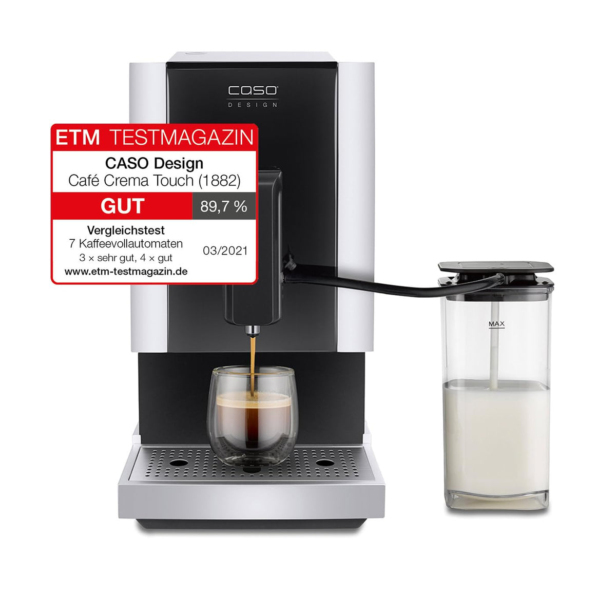 CASO Café Crema Touch Machine à café automatique design avec tuyau et réservoir à lait, broyeur conique réglable en continu, prêt à l'emploi, toutes les spécialités de café par toucher, noir, acier