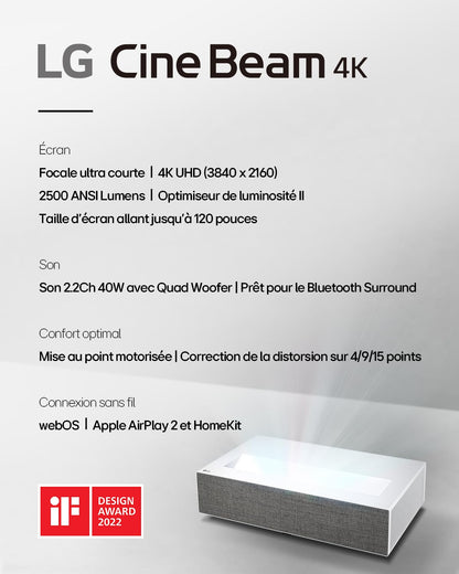 LG CineBeam Vidéoprojecteur Laser HU715QW Home Cinema 2500 Lumen, 4K UHD 2160p, Projection Entre 80"~120", LG Smart webOS 6.0, Bluetooth Audio, Haut-parleurs intégrés (2x20W)