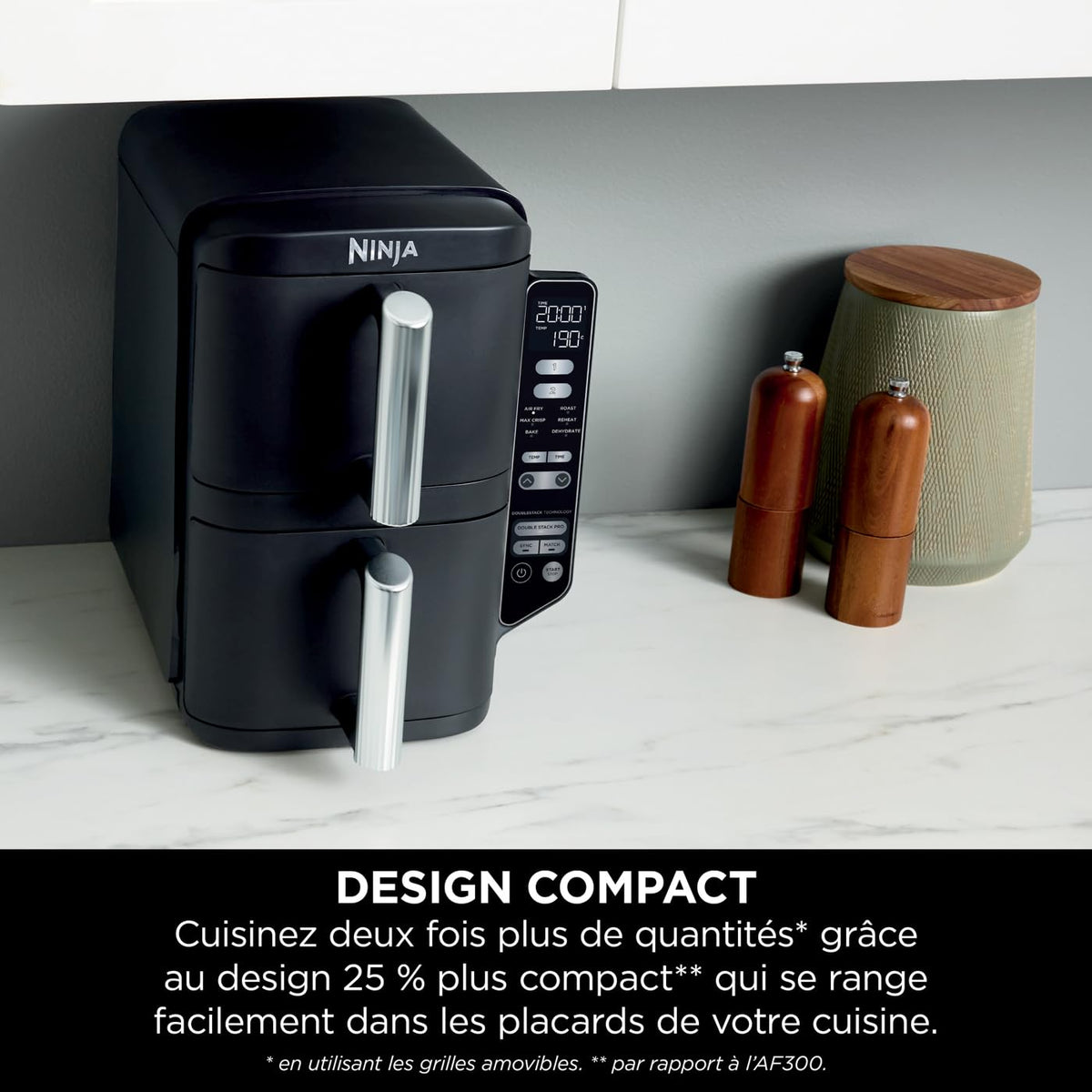 Ninja Double Stack Air-Fryer, Friteuse verticale sans huile à 2 tiroirs, 4 niveaux cuisson, 2 tiroirs et 2 grilles, design compact, capacité de 7,6L, 6 fonctions de Cuisson, 6 portions, gris SL300EU