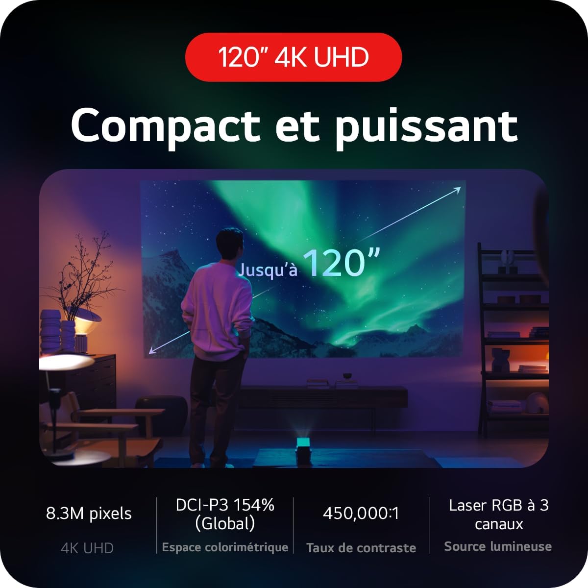 LG CineBeam Portable Vidéoprojecteur HU710PB Design Compact pour Home Cinema, 500 Lumen, 4K UHD, Projection Entre 50"~120", LG Smart webOS 6.0, Bluetooth et Haut-parleurs intégrés