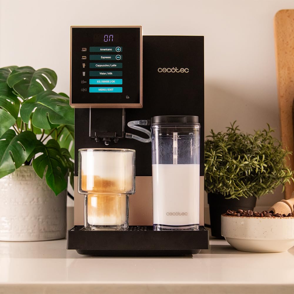 Cecotec Machine a Cafe Grain Cremmaet Compactccino Black Rose.19 barres,Thermoblock, Grains de café fraîchement moulus avec Plug&Play,Réservoir de café de 150gr avec moulin, 1,1 L d'eau,400ml de lait